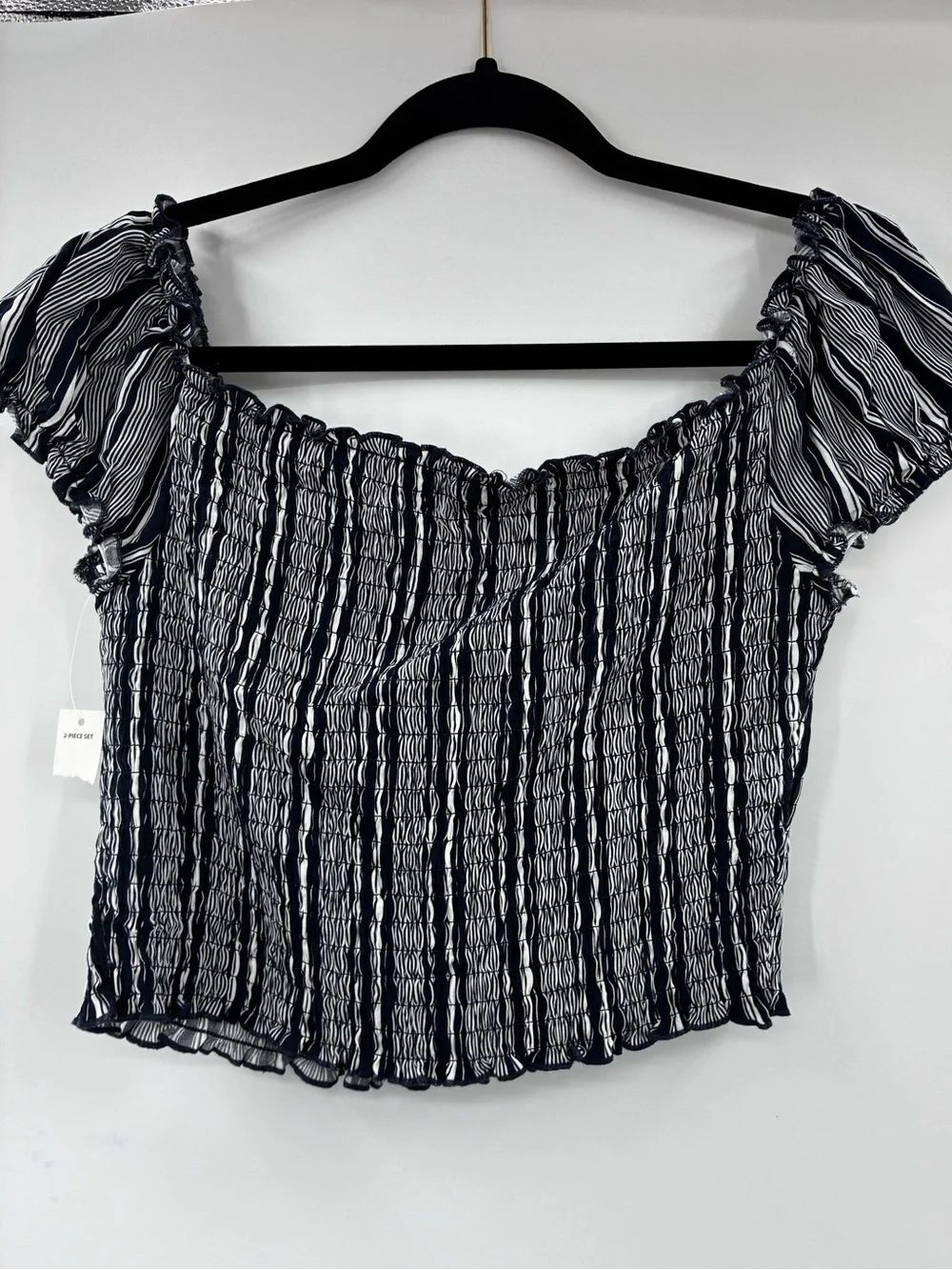 No Boundaries  Striped Smocked Off-Shoulder Crop Top - Navy/White size L (11-13)